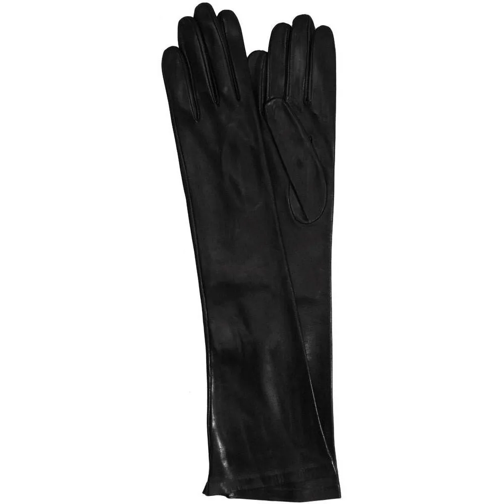 Women's Silk Lined Black Long Leather Opera Gloves